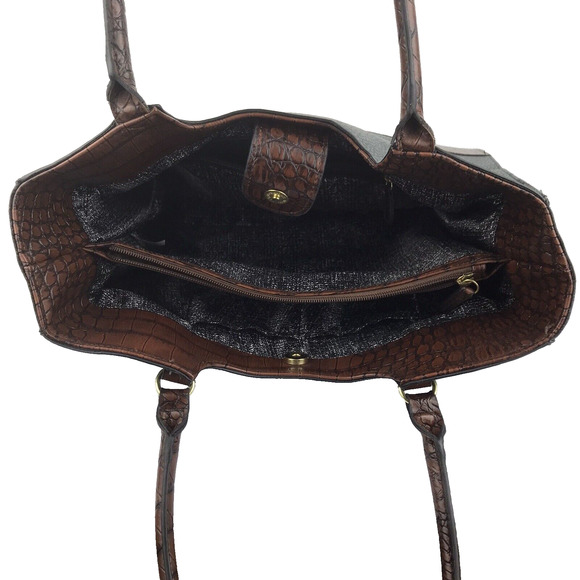 Faux Leather Tote Dark Green Brown Alligator Pattern Handbag Purse 2 Section - Picture 9 of 11